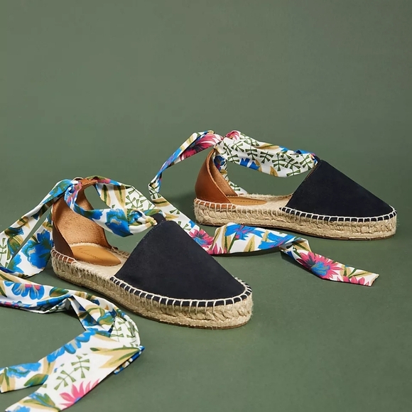 Floral Ribbon Espadrilles - Black and Brown - Picture 1 of 10